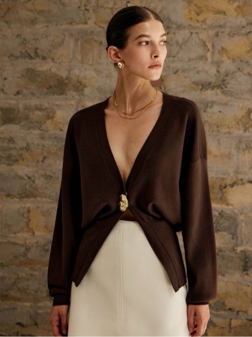 Commense Brown Deep V-Neck Buttoned Women's Sweater